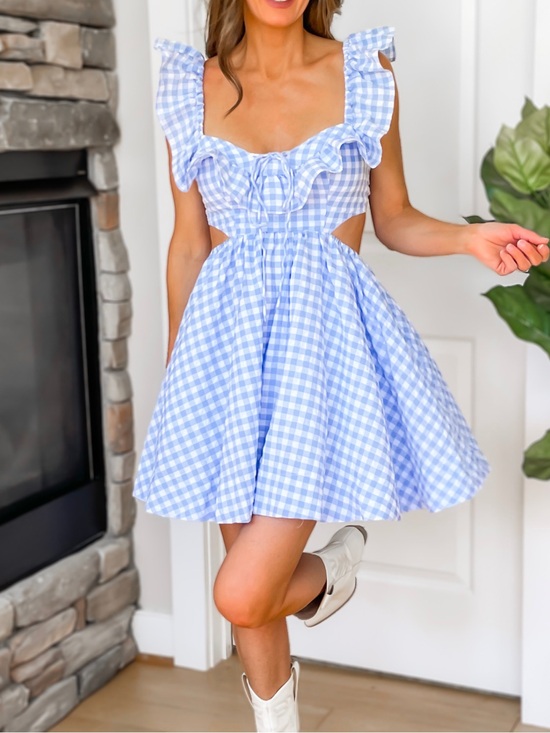 Mable Dresses & Skirts - Ruffled Gingham Cutout Mini Dress in Light Blue